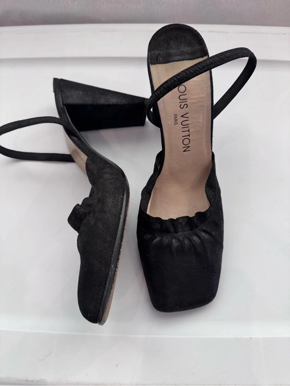Louis Vuitton Black Suede Square Toe Slingback Heels